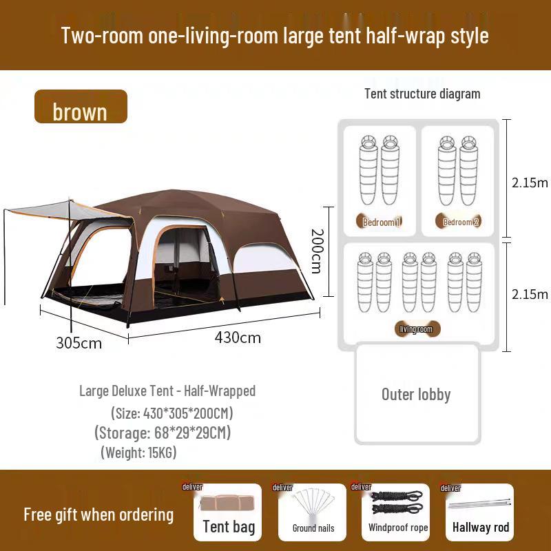Outdoor Camping Tent: Large, Portable, Sun-Protected, Rainproof, 2 Rooms + Living Area, Fits 8-12 People