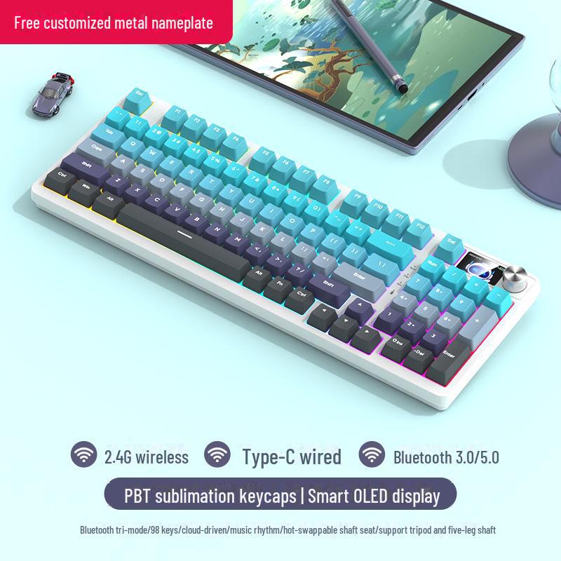 Tastatură mecanică de gaming wireless Bluetooth tri-mode cu 98 de taste și comutatoare personalizabile (Albastru, Negru, Ceai, Roșu) și design cu înlocuire la cald.