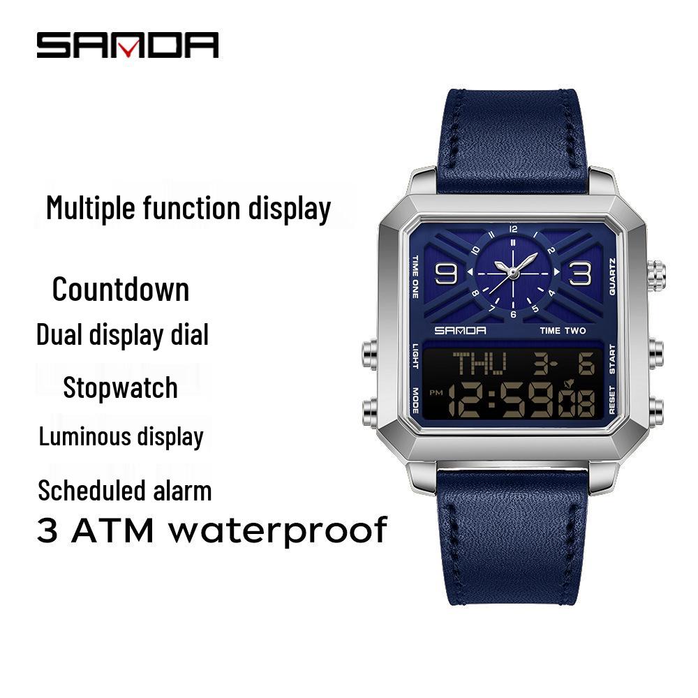 SANDA Square Multi-Functional Men s Sports Watch with Three-Time Zone Display
