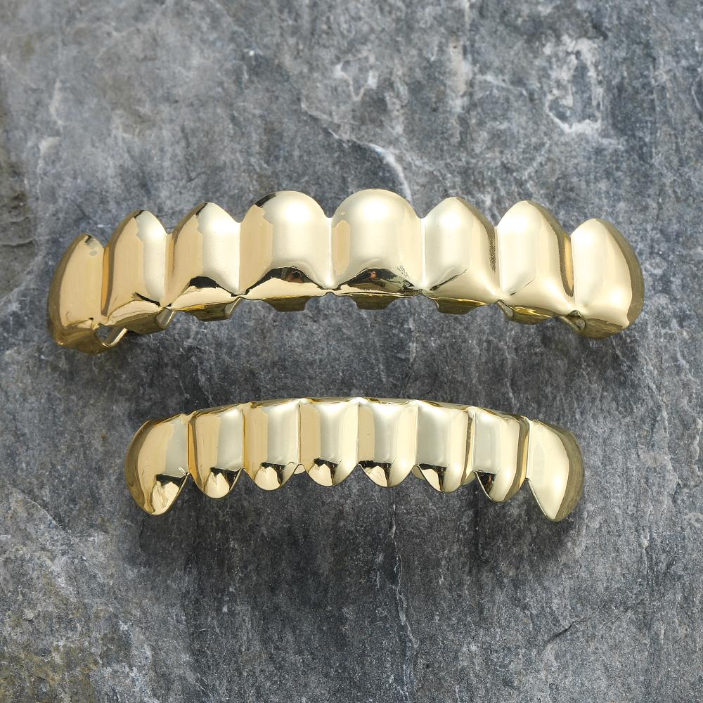 AceWings G010 Brass 8/8 Hip Hop Teeth Grillz Set Gold/Silver Top & Bottom Body Jewelry Punk Cosplay Party Tooth Grills Gifts