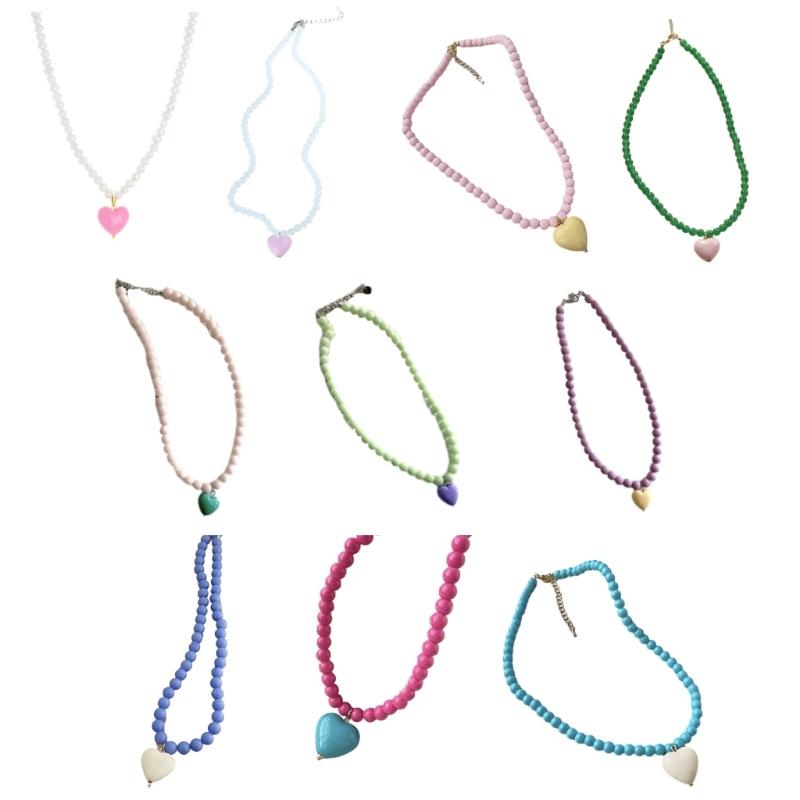 Colorful Acrylic Beads Heart Choker Necklace Bohemian Simple Love Charm Statement Short Necklaces Clavicle Chain Jewelry