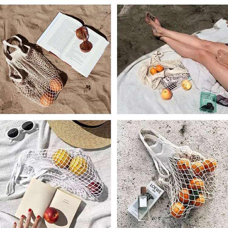 Foldable Pure Cotton Mesh Shopping Bag - Portable Handheld Fruit & Vegetable Storage