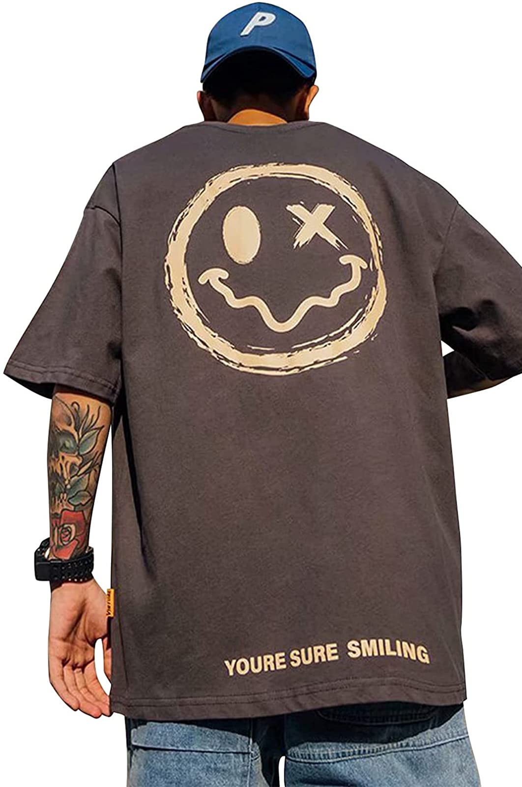 

Мужская футболка с коротким рукавом, с вырезом и короткой круглой спиной в американском стиле [Airby], футболка, сшитая, с принтом «Улыбка», рукав, узор, оверсайз, большая, с персонажем, серый