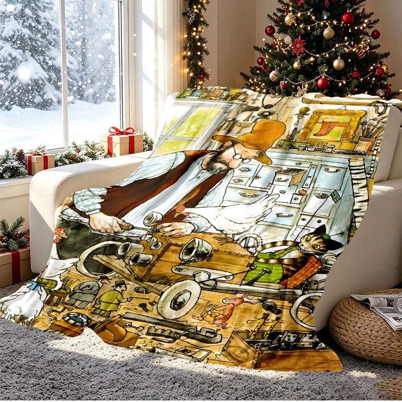 Pettersson und Findus Pattern Blanket for Home Decoration, Bed, Sofa, Car Travel, Camping, Suitable for All Seasons, Birthday Christmas Gift