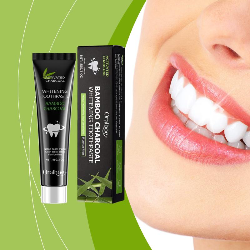 Oralhoe Bamboo Charcoal Toothpaste freshens breath brightens teeth improves yellowing teeth removes stains.