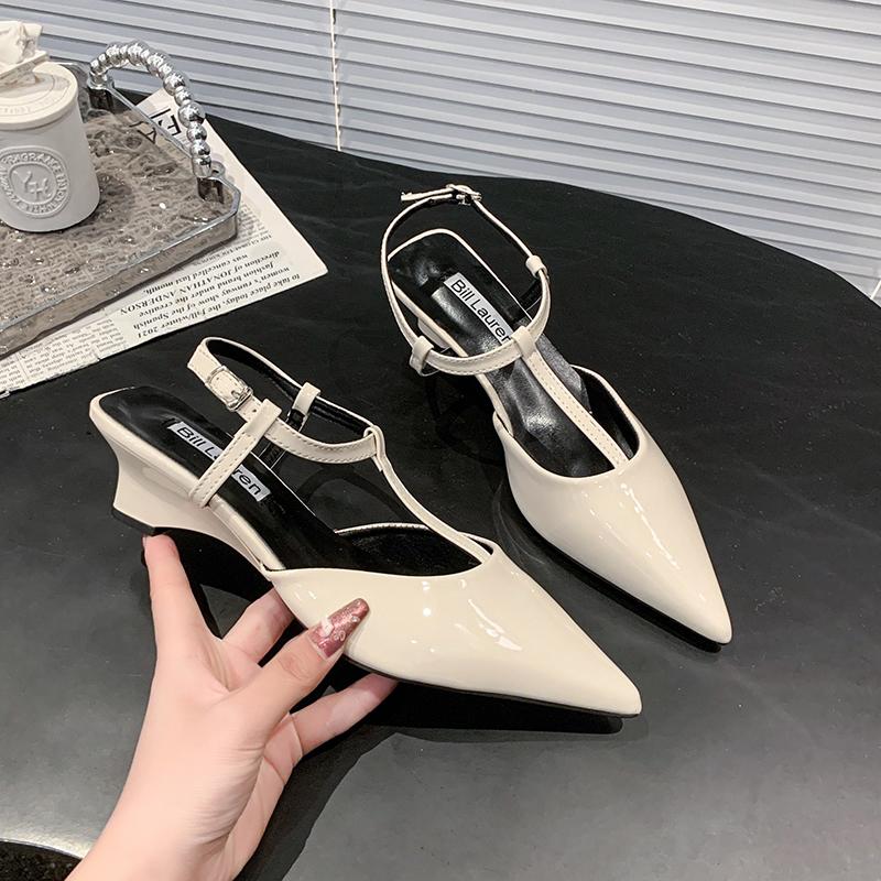 Spring 2025 Fashion Pointed Toe T-Strap Wedge Sandals Women's Shoes Slip-On Regenerated Leather Upper Comfortable Heel Design