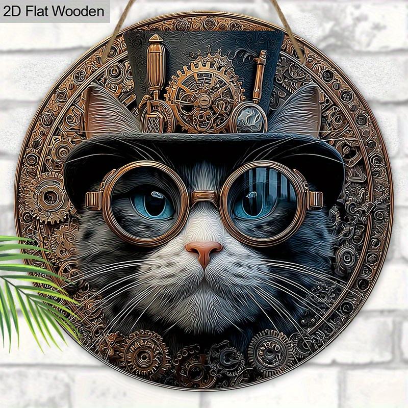 Retro Wooden Sign with Cool Cat Pattern - Unique Wall Pediments - Ideal for Front Door, Yard, Wall Decor