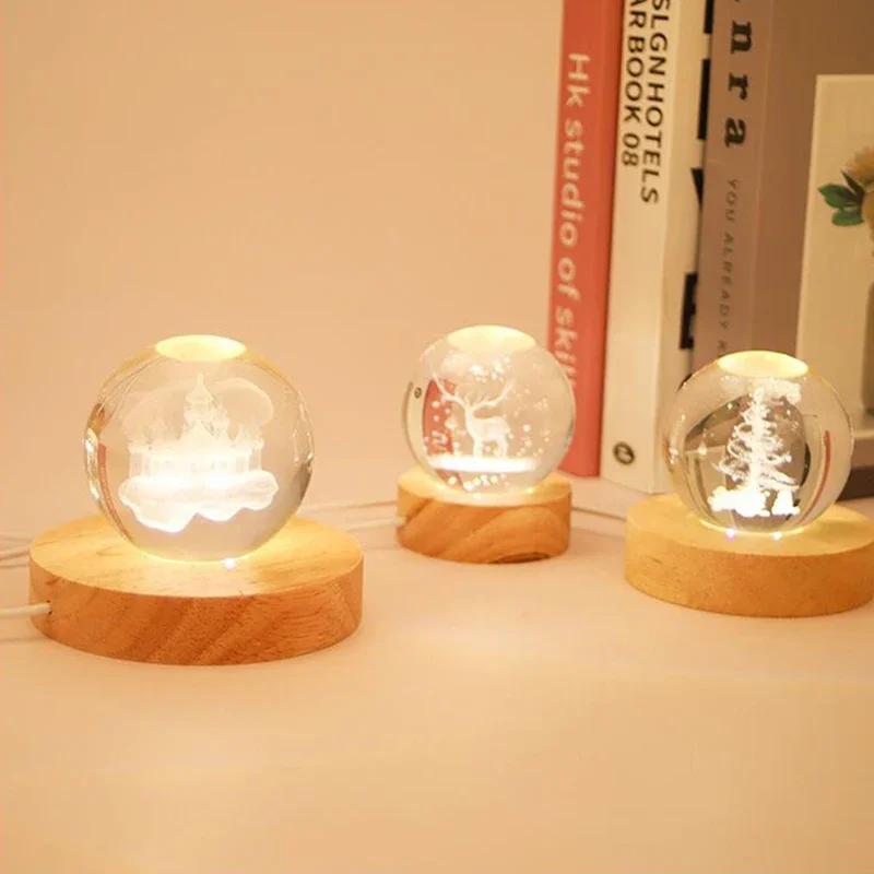 8cm Battery Operated Round Wooden WarmLight Dispaly Base Stand Holder able LED Night Lamp Base Crystal Glass Resin Art Ornaments