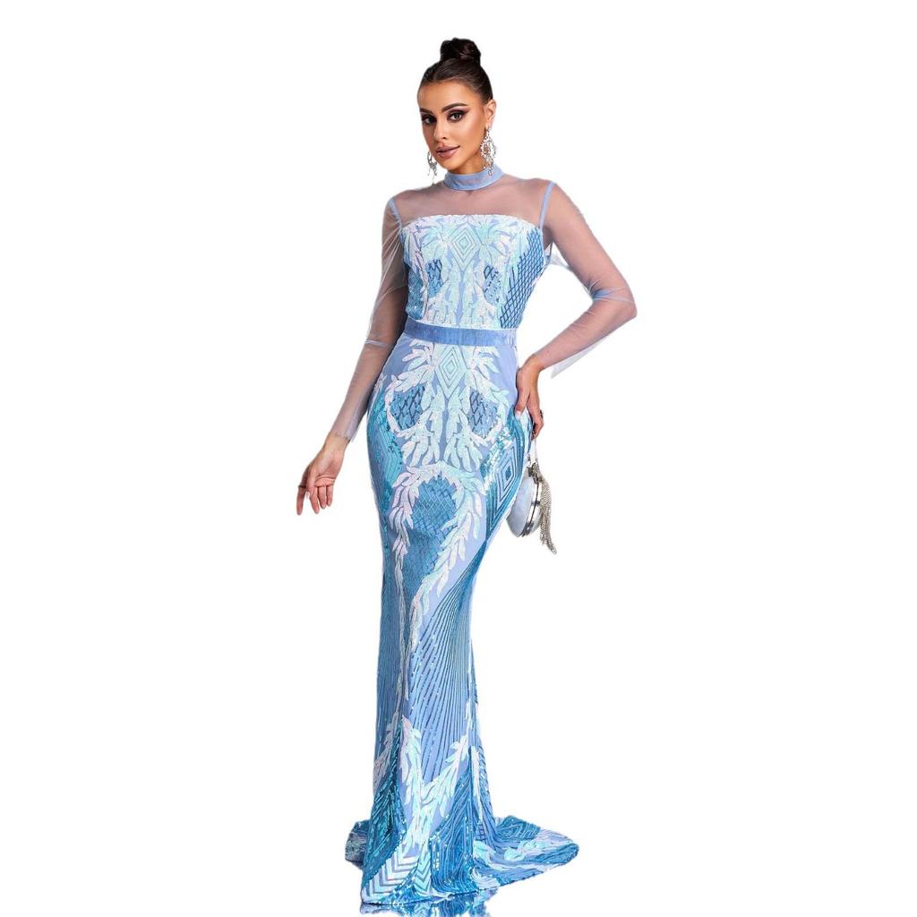European & American High-End Sequin Mesh Long Evening Dress – Women's Sexy, Elegant, Round Neck, Long-Sleeved Design