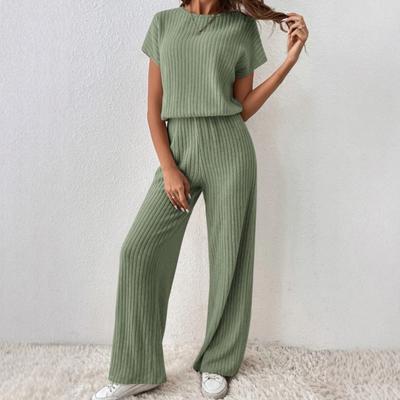 Conjunto de dos piezas de punto para mujer, suéter de manga corta, top, pantalones de pierna ancha, conjuntos de estar por casa, atuendo informal de punto acanalado para primavera y otoño