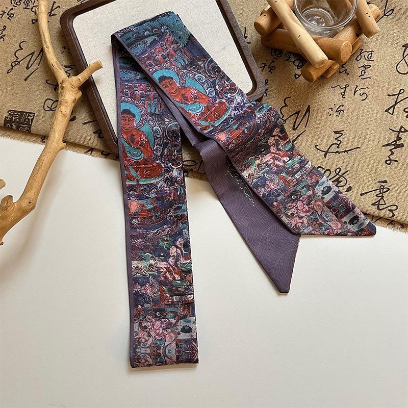 Long streamer bow tied hair retro Dunhuang oil painting silk scarf headband women tied headscarf
