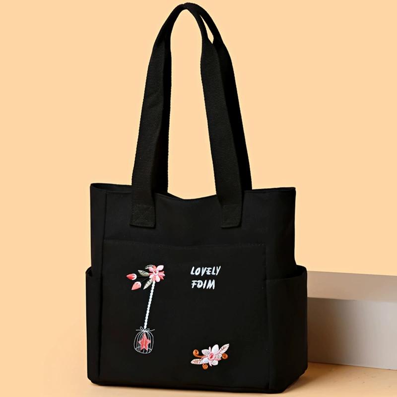 Women Oxford Cloth Tote Bag Embroidered Floral Large Capacity Shoulder Bag Zipper Handbag Multi Pocket Casual Shopper Bag