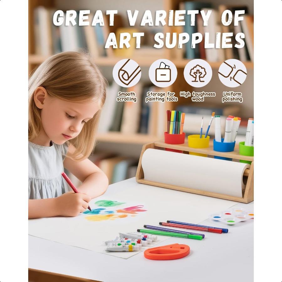 Paper Roll Dispenser for Art Bamboo Tabletop Easel with Blank Patterned Paper Rolls 12 Pigments Drawing Tools Pen Cups Craft St