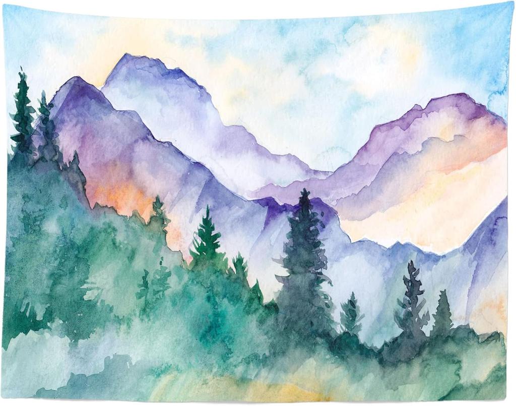 Loccor Watercolor Mountain Tapestry - Forest Sketch Wall Hangings for Bedroom