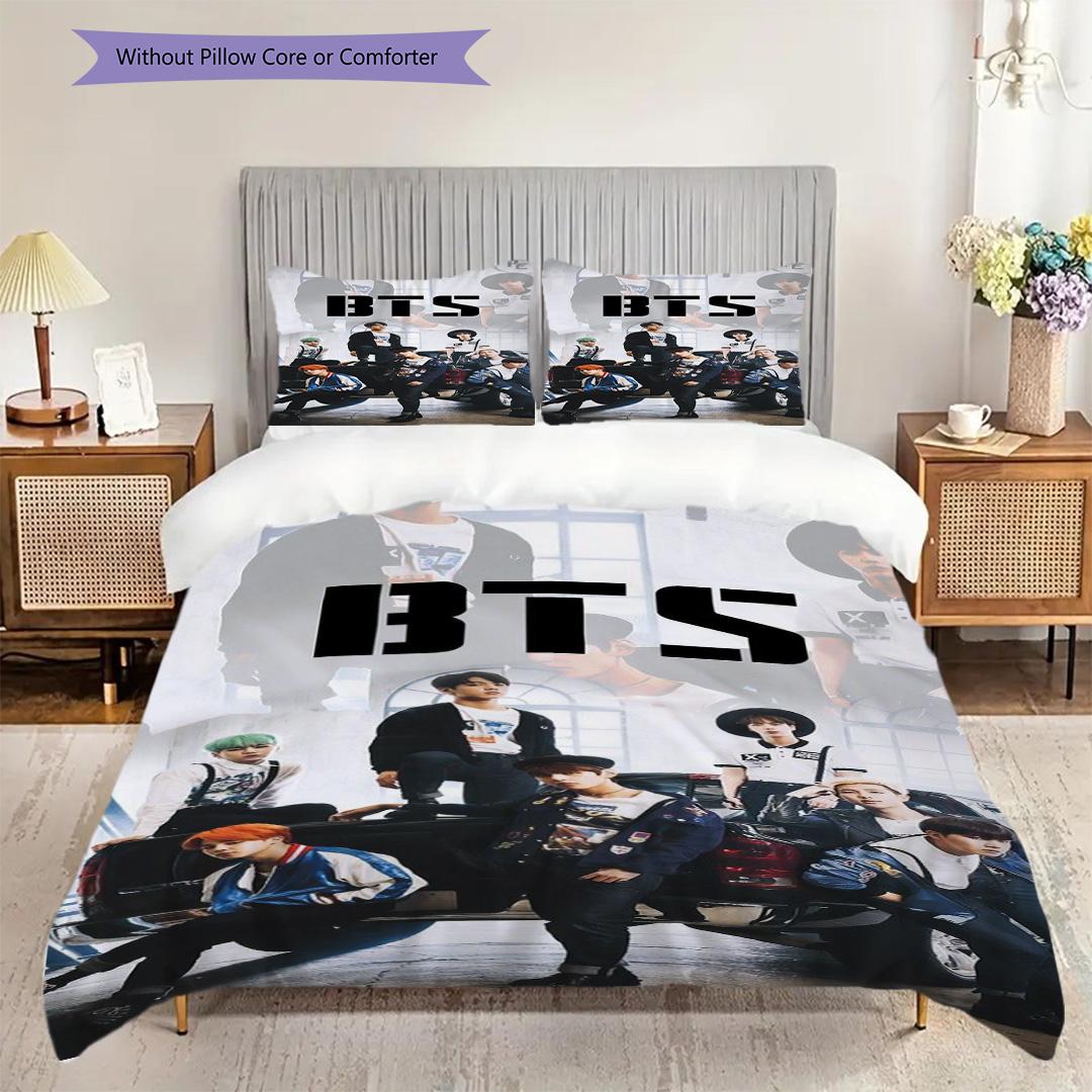 Bts Globale Musik-Sensation Dreiteiliges Set (1 Bettbezug + 2 Kissenbezüge, ohne Füllung) 2D flaches Weihnachts-Geburtstagsgeschenk Bettbezug und Kissenbezug 135x200cm