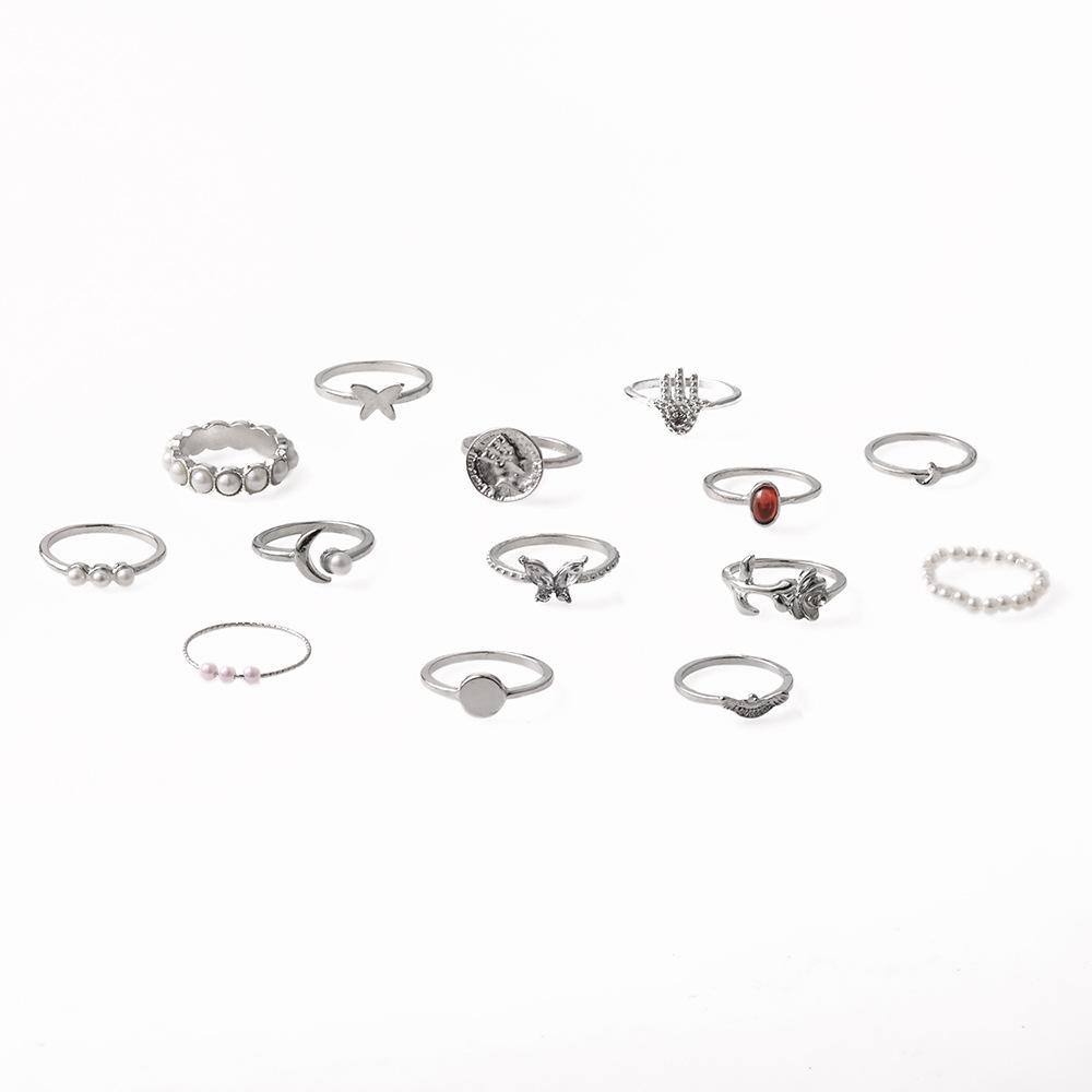 Butterfly Pin Rose Beads Crescent Fatima Hand Drops Oil 14 Piece Set Joint Ring