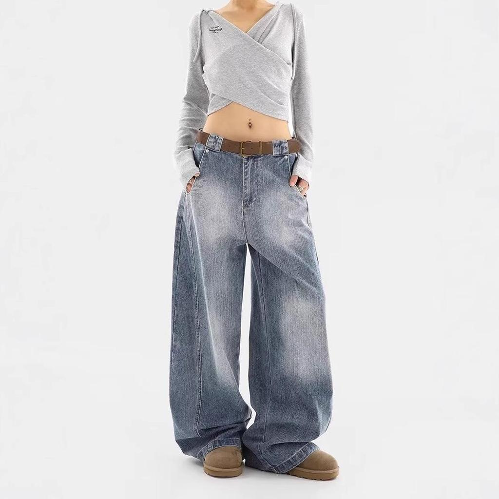 Herbst/Winter Damen Retro Gewaschene Distressed Loose Wide Leg Jeans