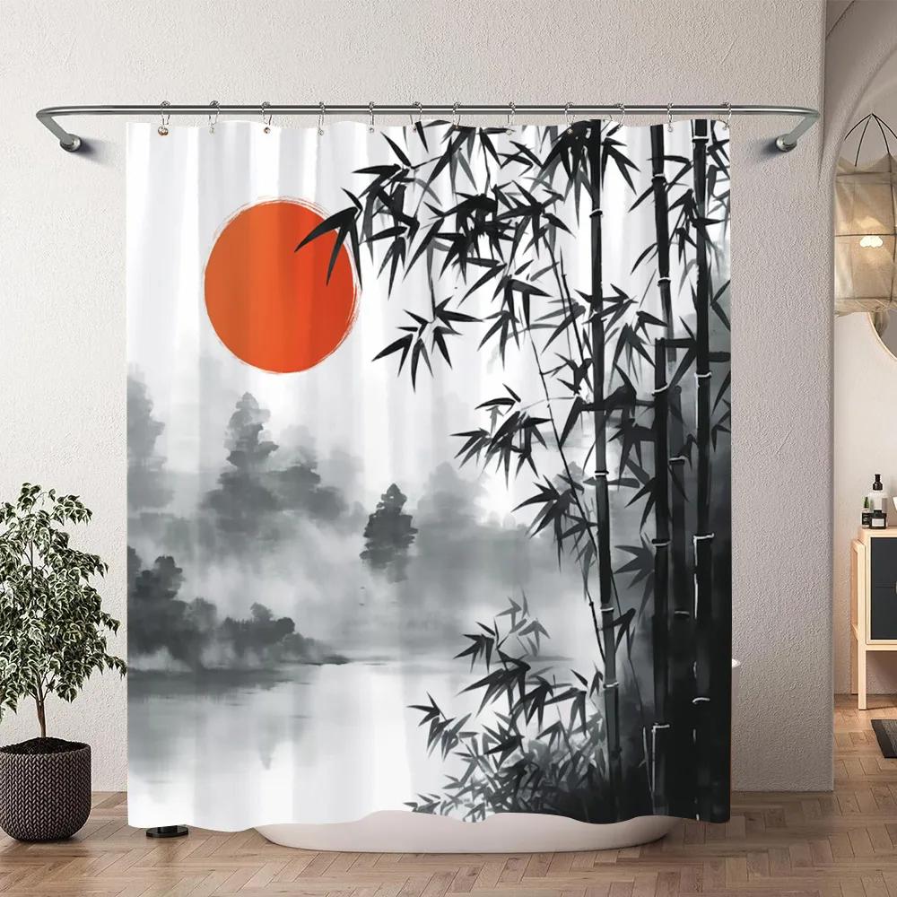 Japanese Cherry Blossom Watercolour Print Shower Curtain Koi Waves Chinese Ink Painting Polyester Shower Curtains Bathroom Decor