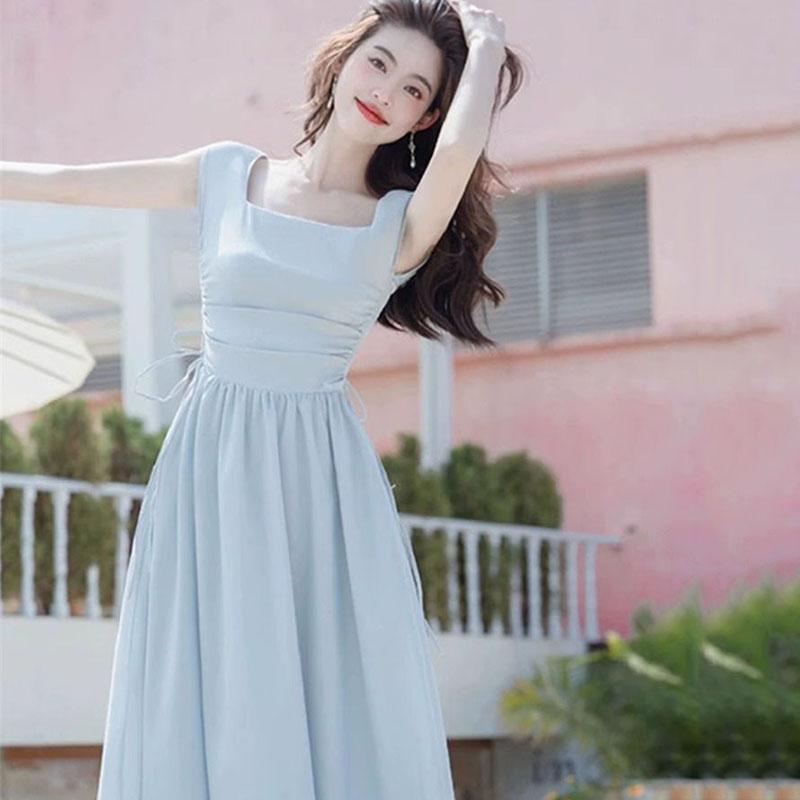 

White Suspender Dress Women Korean Chic Drawstring High Waist Long Dresses Summer Sleeveless Square Collar XS синій