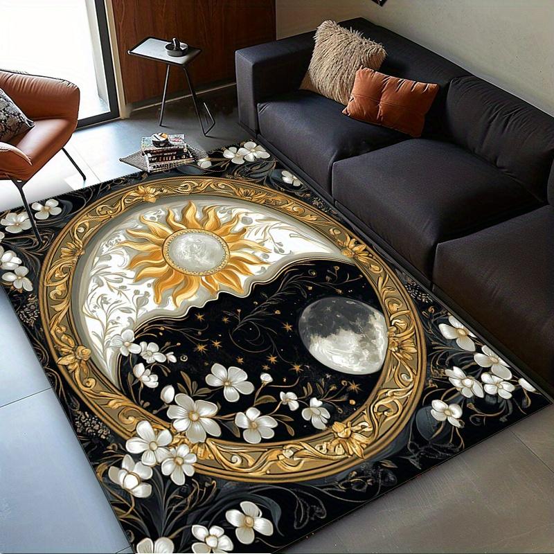 Yin Yang Sun Moon Rug for Spiritual Balance, Elegant Floral Design Carpets with Cosmic Symbols - Mystical Home Accents 50x80cm