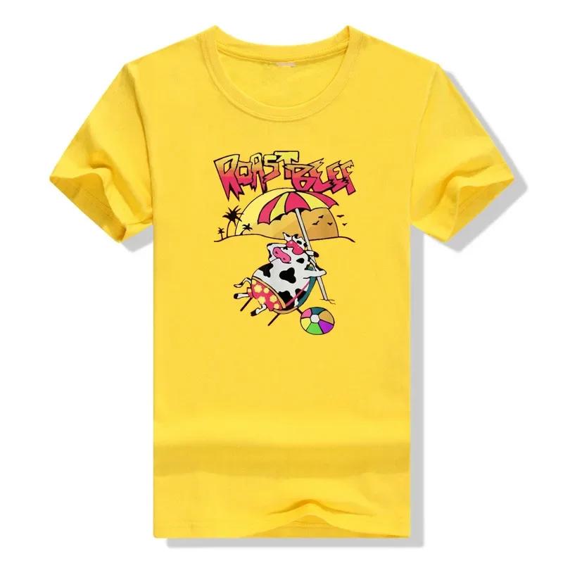Fun and Cute Grilled Beef Beach Cow Cartoon Pattern Summer Casual and Comfortable Short Sleeved T-shirt Top