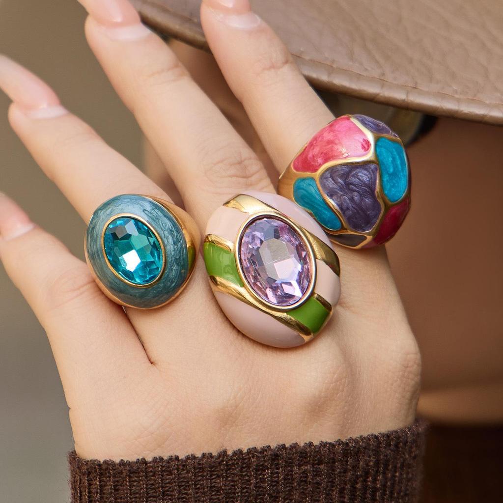 Chic Enamel Glaze Stone Ring: Stylish Handcrafted European-American Stainless Steel Jewelry.