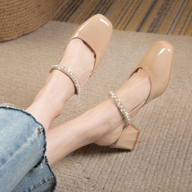 Baotou single shoes pearl chain year spring and summer air rear high heel sandals pure thick heel square head
