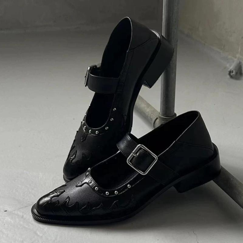 Women's Spring 2025 New Rivet Women's Pointed Toe Thick Heels British Style Loafer Female Slip On Shoes Zapatillas Mujer