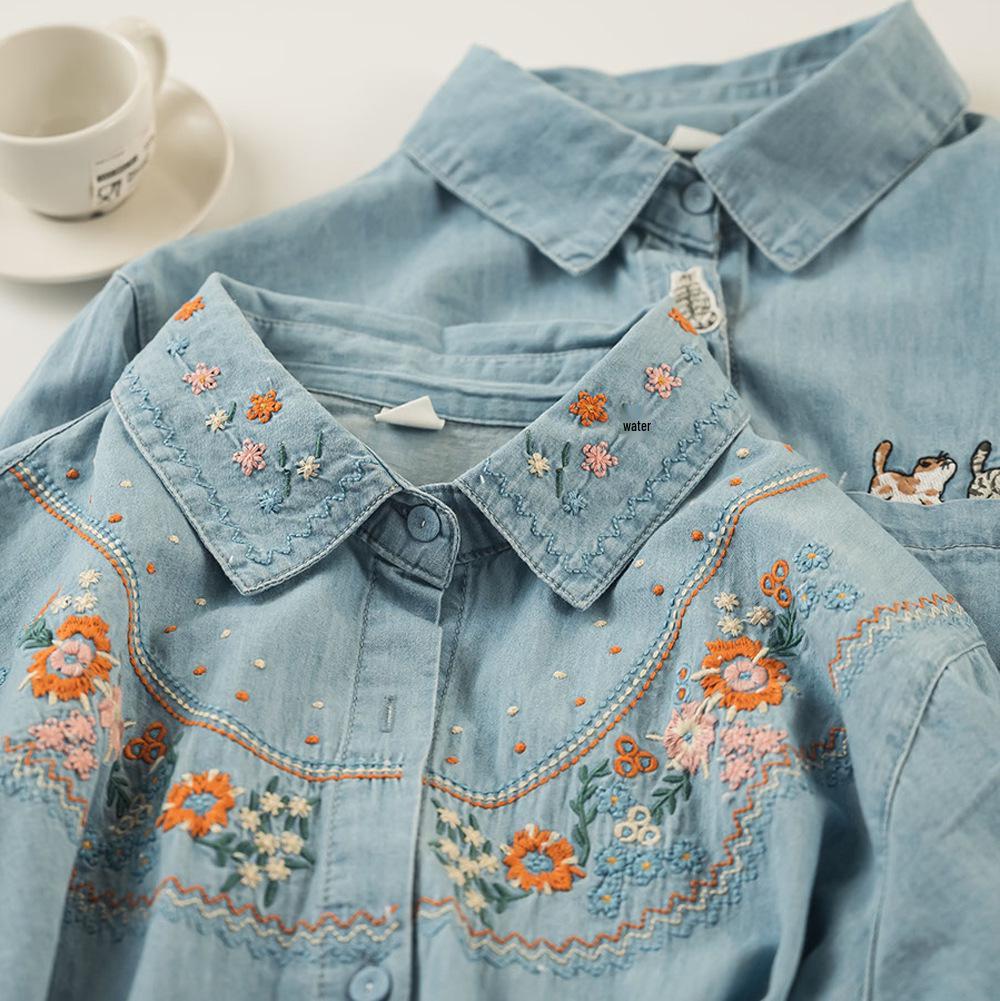Women's Retro Cartoon Embroidered Cotton Denim Shirt - Long Sleeve, Casual Top for Spring/Autumn 2025