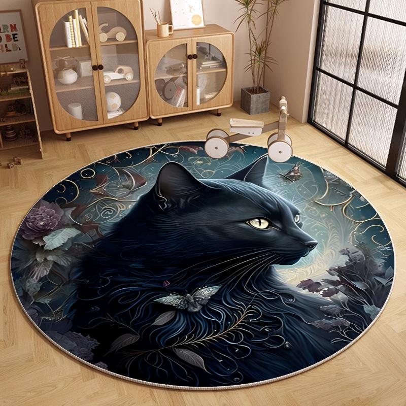 Black Cat Pattern Round Carpet Roses Vines Ornate Design Floor Mat Luxury Vintage Home Decor Rug for Living Room Bedroom