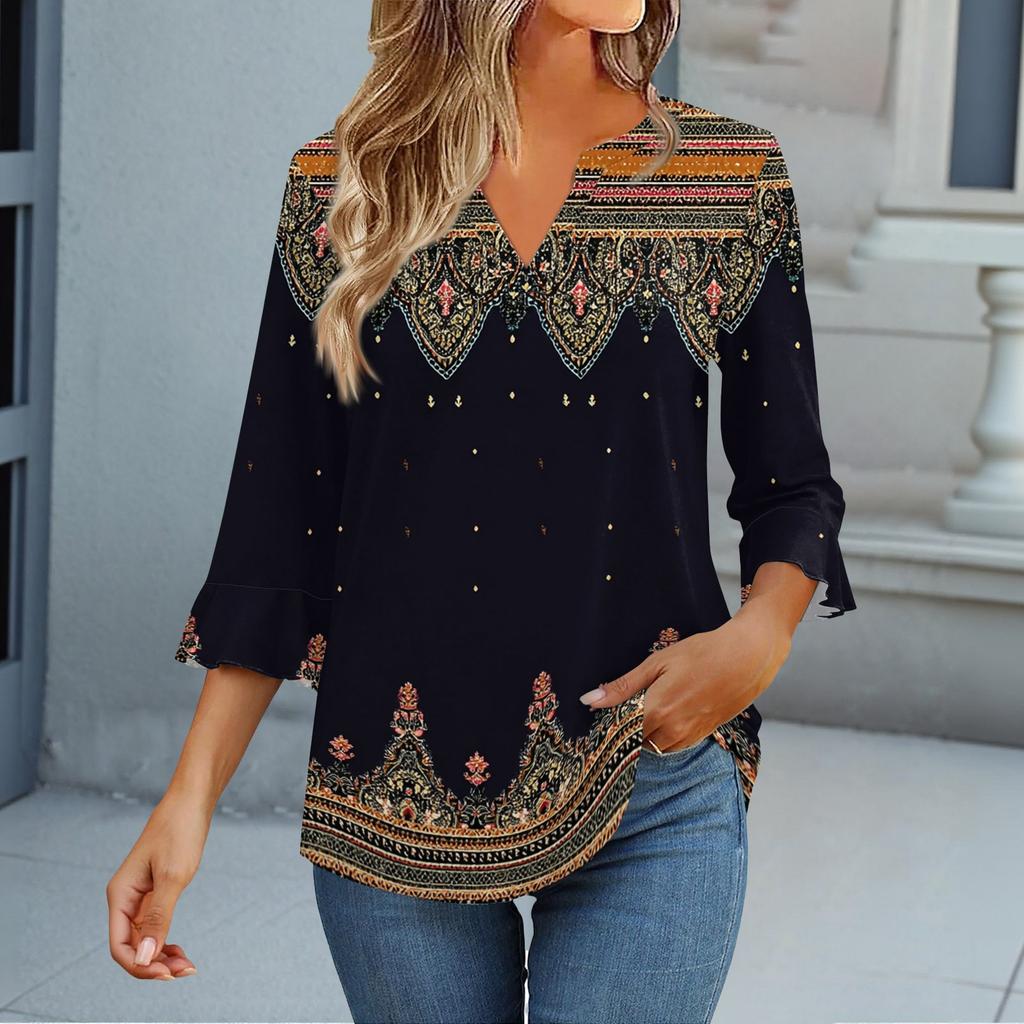 Dámské topy s 3/4 rukávem Tričko Ležérní Zvonové rukávy Potisk Tunika Výstřih do V Svetr Halenka