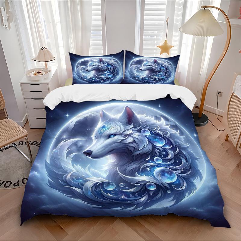 3pcs Enchanted Moonlit Wolf Bedding Set - Includes 1 Quilt Cover and 2 Pillowcases, Comfortable Bedding with Stylish Design for Bedroom, Machine