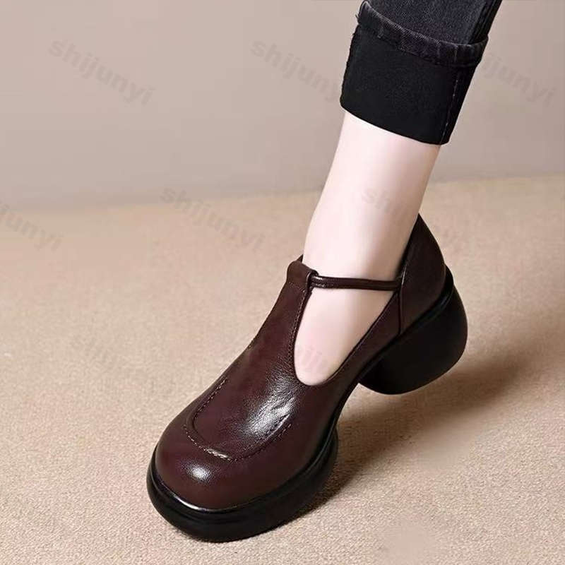 Vintage Dames Leren Schoenen 2026 Herfst Nieuw Hoogte Verhogend Buiten Antislip Middelhoge Hak Schoenen Mode Comfort Mary Jane Schoenen