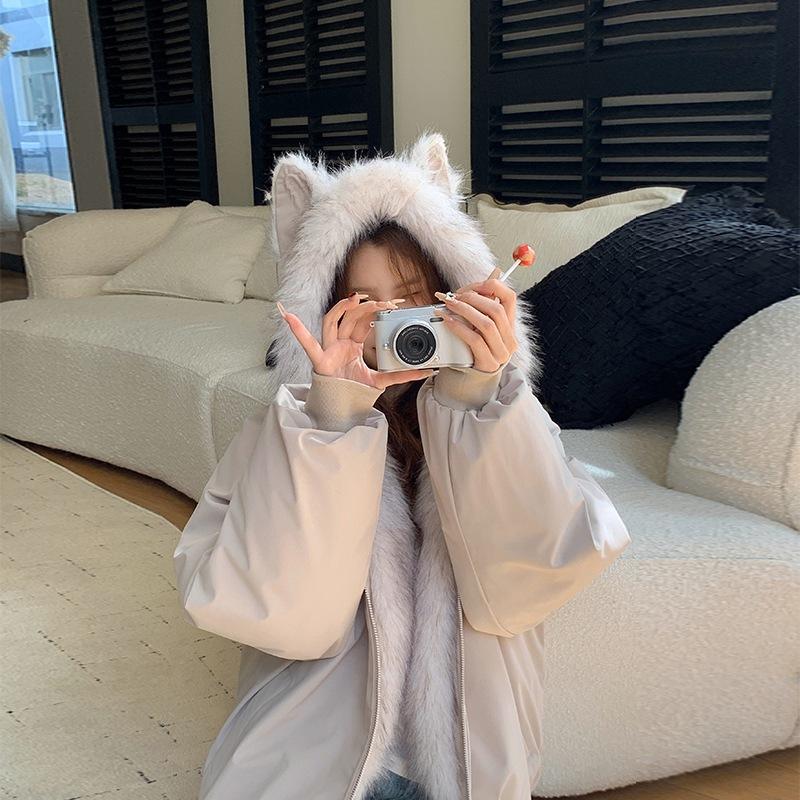 Winter new wear hooded seat mountain carving pie to overcome short cat ears tide loose cotton coat women