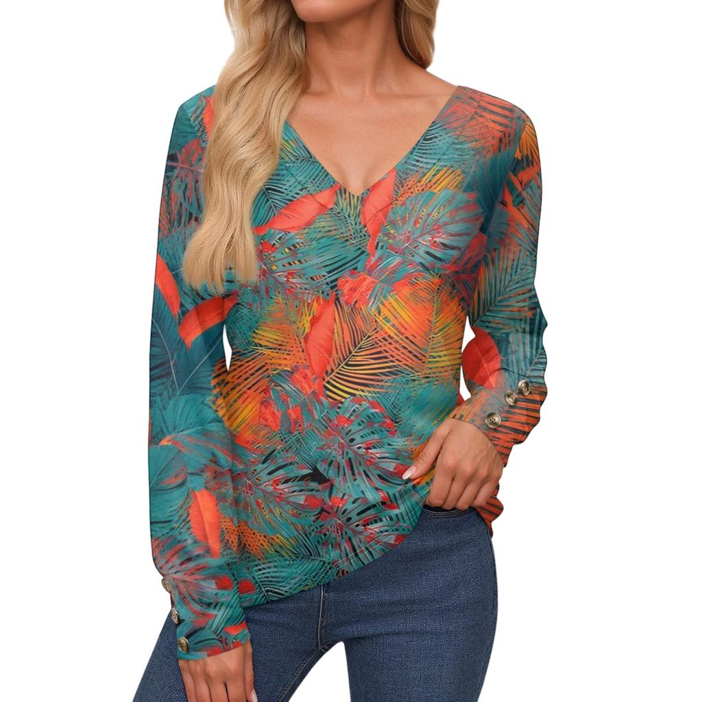 Damenoberteile Langarmmanschetten Button-Up-Hemd V-Ausschnitt Lässiges Lockeres T-Shirt Blumenoberteile