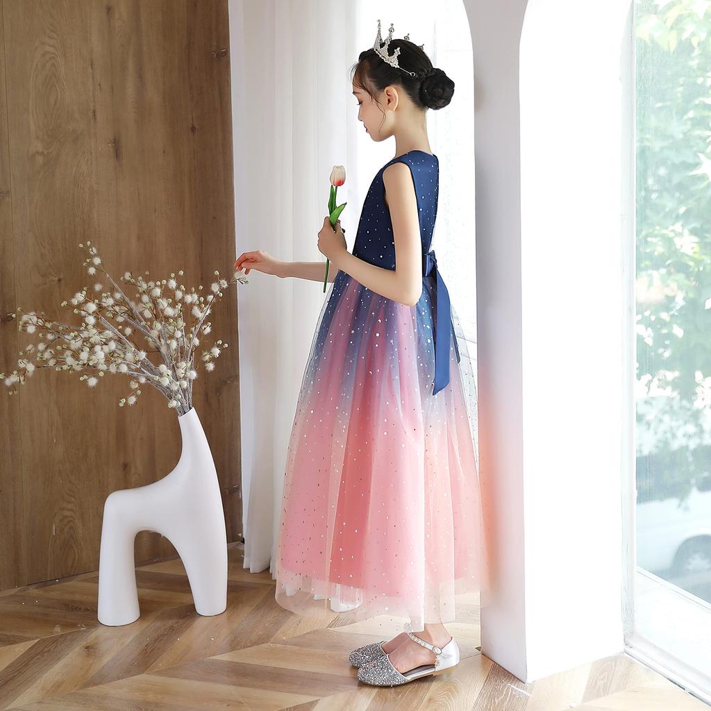Weileenice Size Long Dress with Gradient Perfect for and Formal Stylish Tulle Dress with Navy Pink, 140, Girls' Sequins, Weddings, Birthdays,