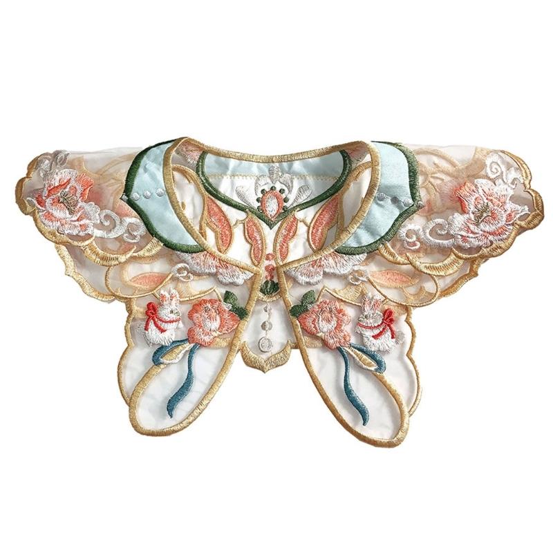 Girls False Collar Shawl Chinese Yunjian Collar with Streamer Cute Embroidery False Collar Traditional Hanfu Accessories