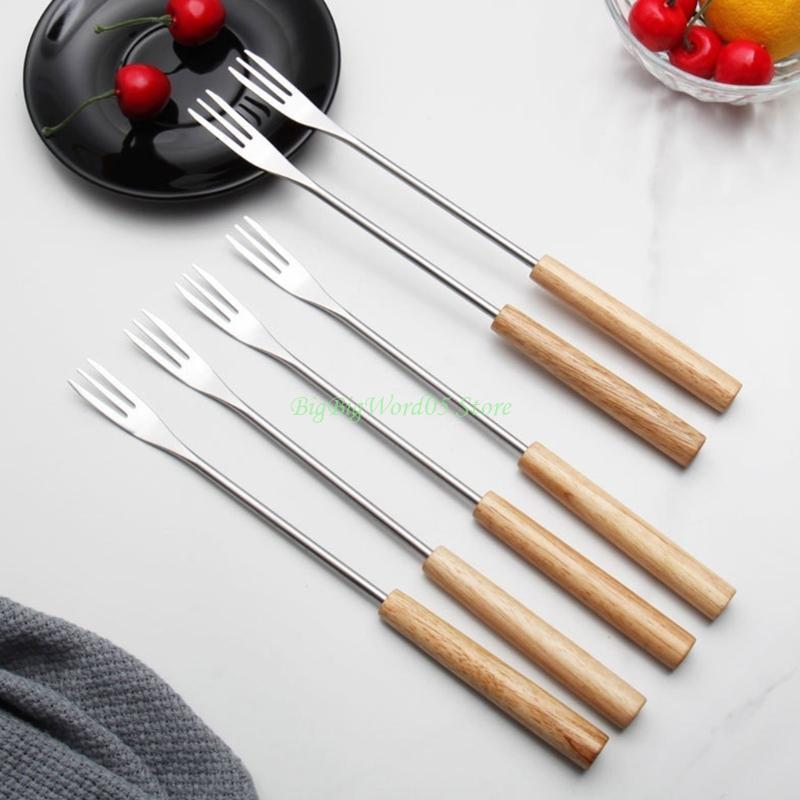 24TE 6Pcs Stainless Steel Fondue Forks Plastic Handle Wood Handle Heat Resistant Barbecue Cheese Fondue Forks for Chocolate