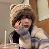 Women Autumn Winter Thickened Warm Baotou Imitation Fur Cover Head Basin Cap Cute Little Bear Plush Knitted Hat
