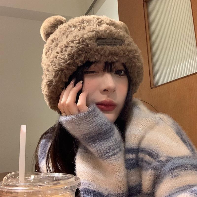 Women Autumn Winter Thickened Warm Baotou Imitation Fur Cover Head Basin Cap Cute Little Bear Plush Knitted Hat