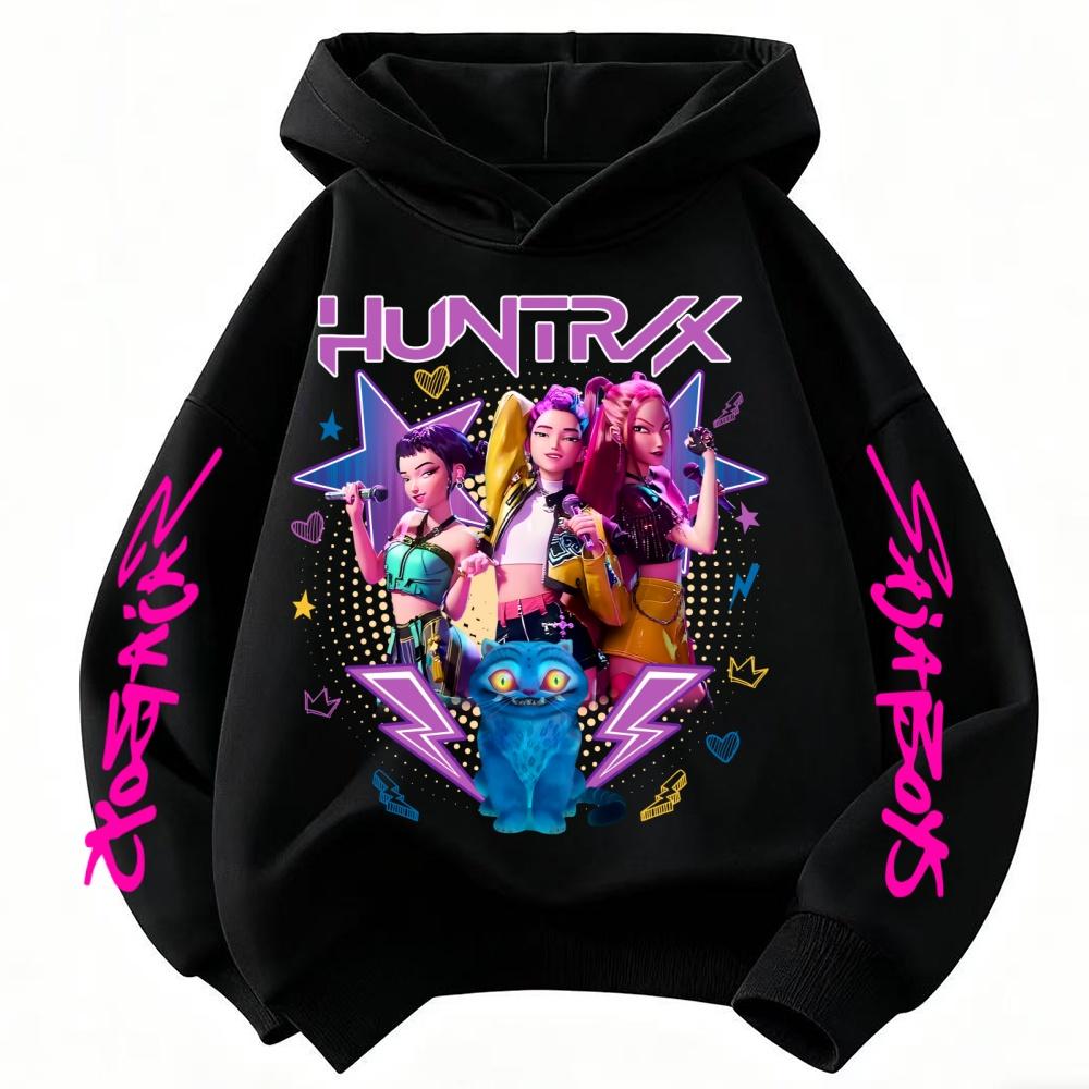 Demon Hunter Print Girl's Hooded Streetwear Autumn Cute Anime Pullover Kids Y2K Kawaii Long Sleeved Clothes