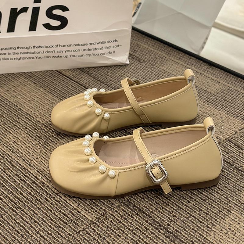 

French pearl shallow mouth Mary Jane shoes girl 2025 new fairy style large size 45 one-word buckle flat beanie shoes 45 хаки