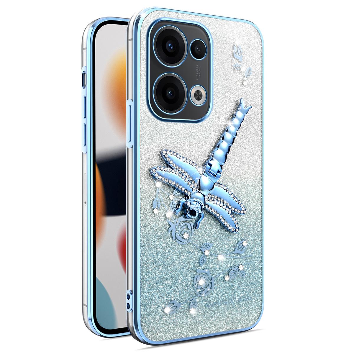 

KADEM For Oppo Reno13 5G (Global) Case Dragonfly Kickstand TPU Flowers Glitter Phone Cover Blue