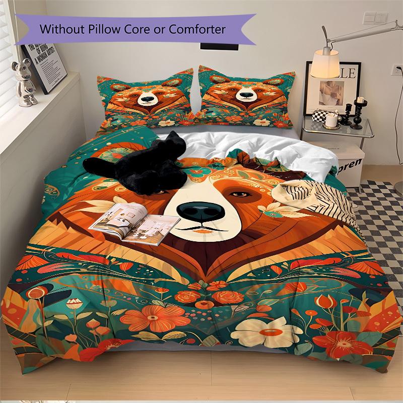 3pcs bedding set Floral Bear Includes 1 Comforter + 2 Pillowcases, Without Pillow Inserts, Soft Comfortable, Lightweight Breathable034