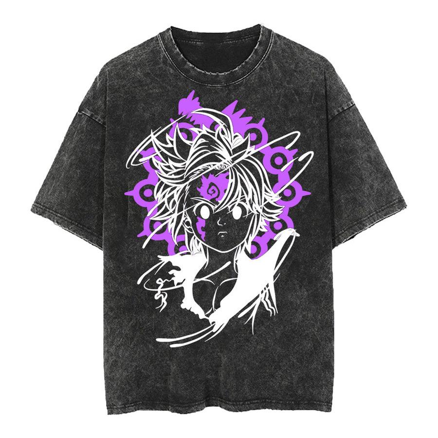 Men Oversized T-Shirts Washed Vintage T-Shirt Anime Graphic S