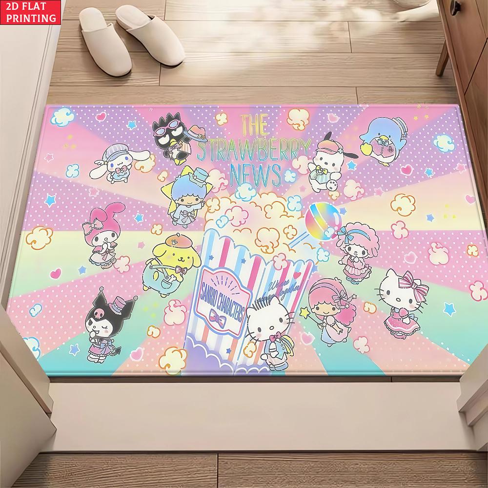 Kawaii Strawberry News Cartoon Doormat,2D Print  Floor Mat, Pastel Popcorn Entrance Rug for Girls Bedroom Living Room Decor Gift
