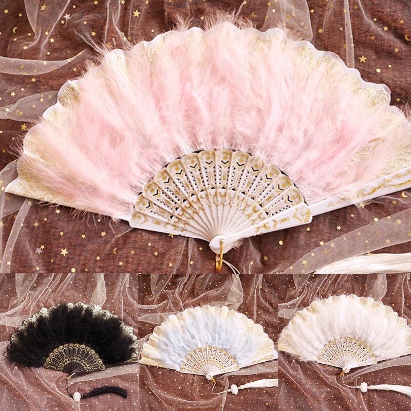 Wedding Feather Hand Fan Handmade Retro Lace Feather Fans for Wedding Party Gift Chinese Luxurious Wedding Decoration
