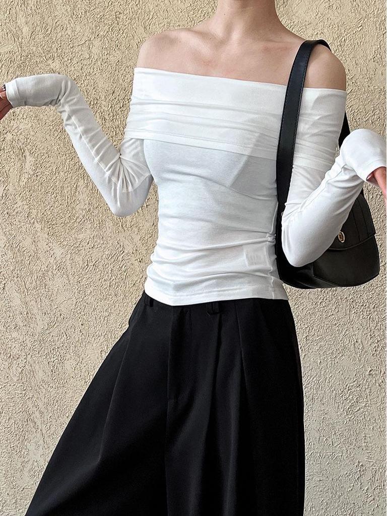 Luxi Pure Desire Hot Girl Off-Shoulder Slim-Fit Langarm-T-Shirt