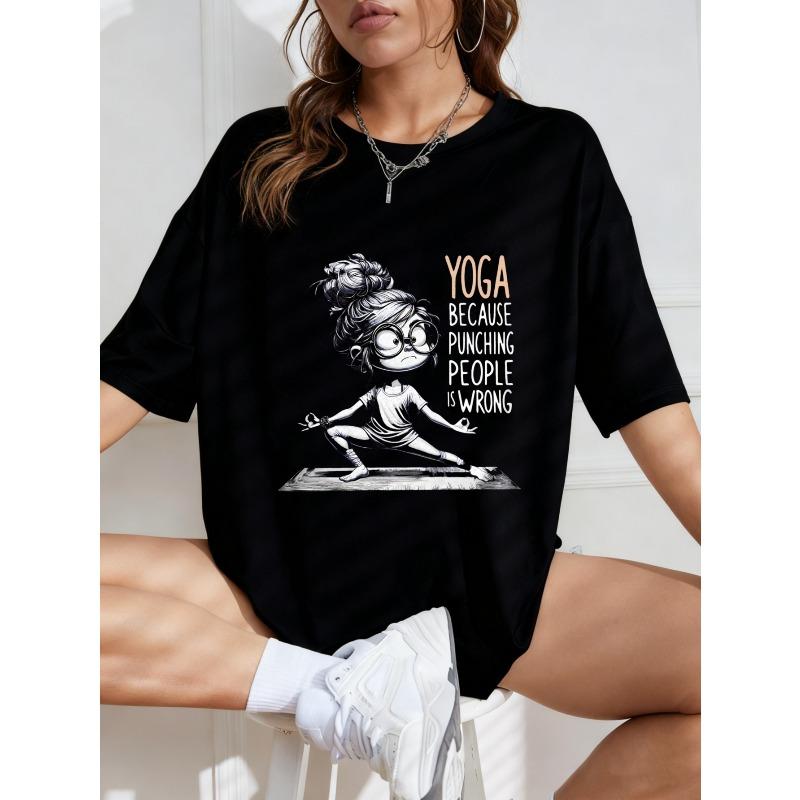 Weißes Oversize-T-Shirt Mit Yoga-Cartoon-Mädchen Und Text Because Punching People Is Wrong Aufdruck Für Freizeitkleidung Und Yoga-Praxis