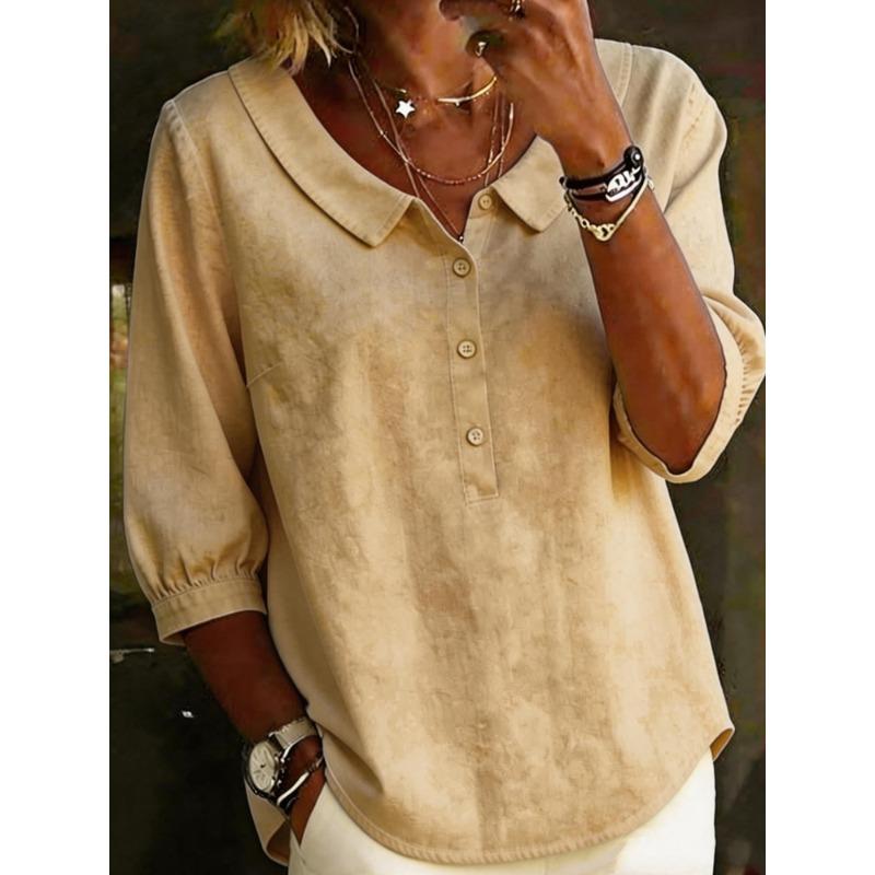 IHUASU Women's Fashion Casual Solid Color Print 3/4 Sleeves POLO Neck Blouses & Shirts